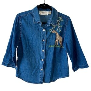 Safari zoo animals denim blue jean button up embroidered blouse sz petite medium